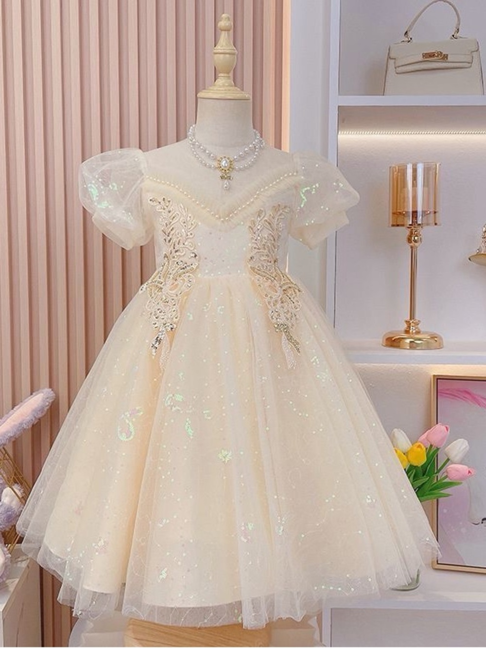Girls' Sparkle Ivory Tulle Party Dress with Pearl Details
